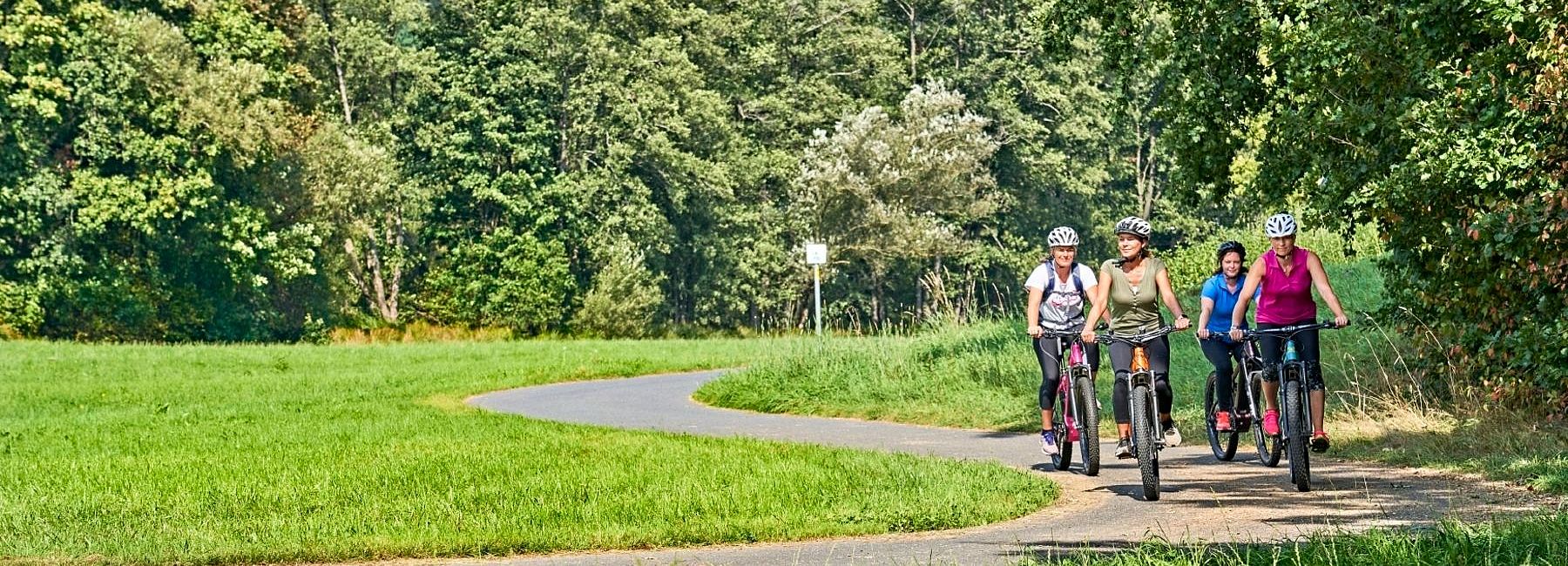 Frauen auf einer Landstraße mit Fahrrädern im Bayerischen Wald im Sommer