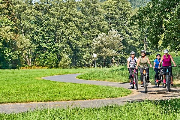 Frauen auf einer Landstraße mit Fahrrädern im Bayerischen Wald im Sommer