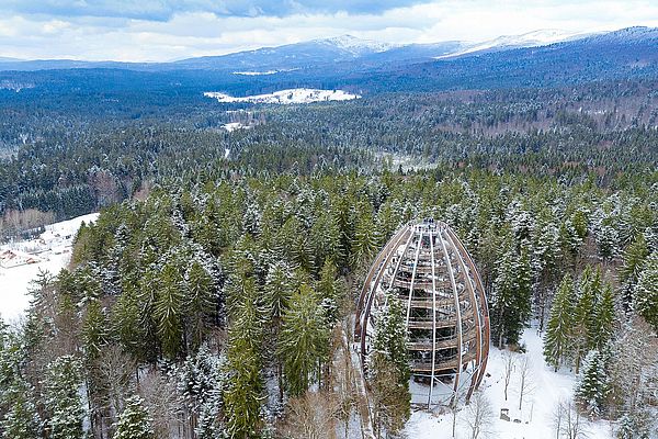 Verschneiter Bayerischer Wald mit Baumwipfelpfad und Baumei mit Aussichtsplattform