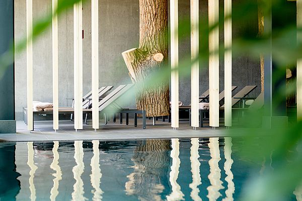 Wellnessbereich mit Pool, bequemen Liegestühlen und Trennelementen aus Holz