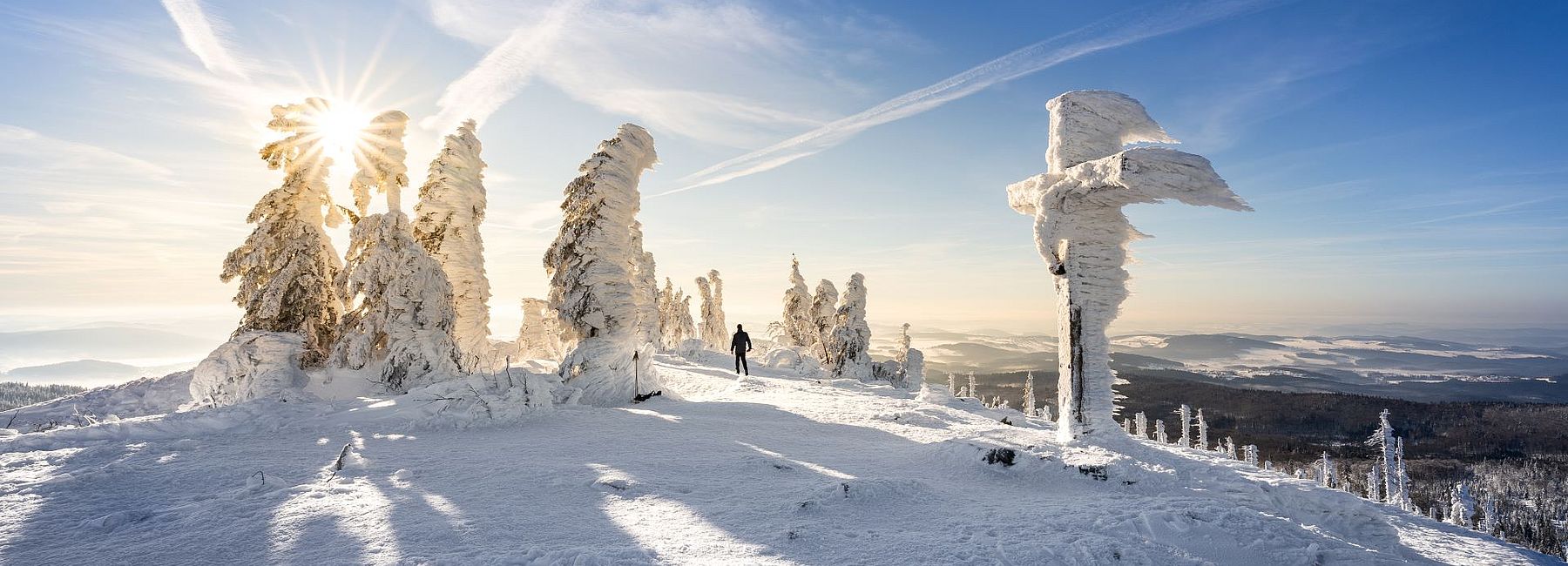Vereistes Gipfelkreuz und zugefrorene Bäume im Bayerischen Wald im Winter 